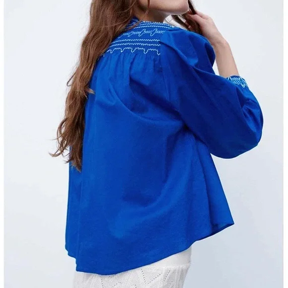 💙 ZARA BOHO BLUE WHITE FLORAL EMBROIDERED LONG SLEEVE CROPPED BLOUSE! - Picture 12 of 14